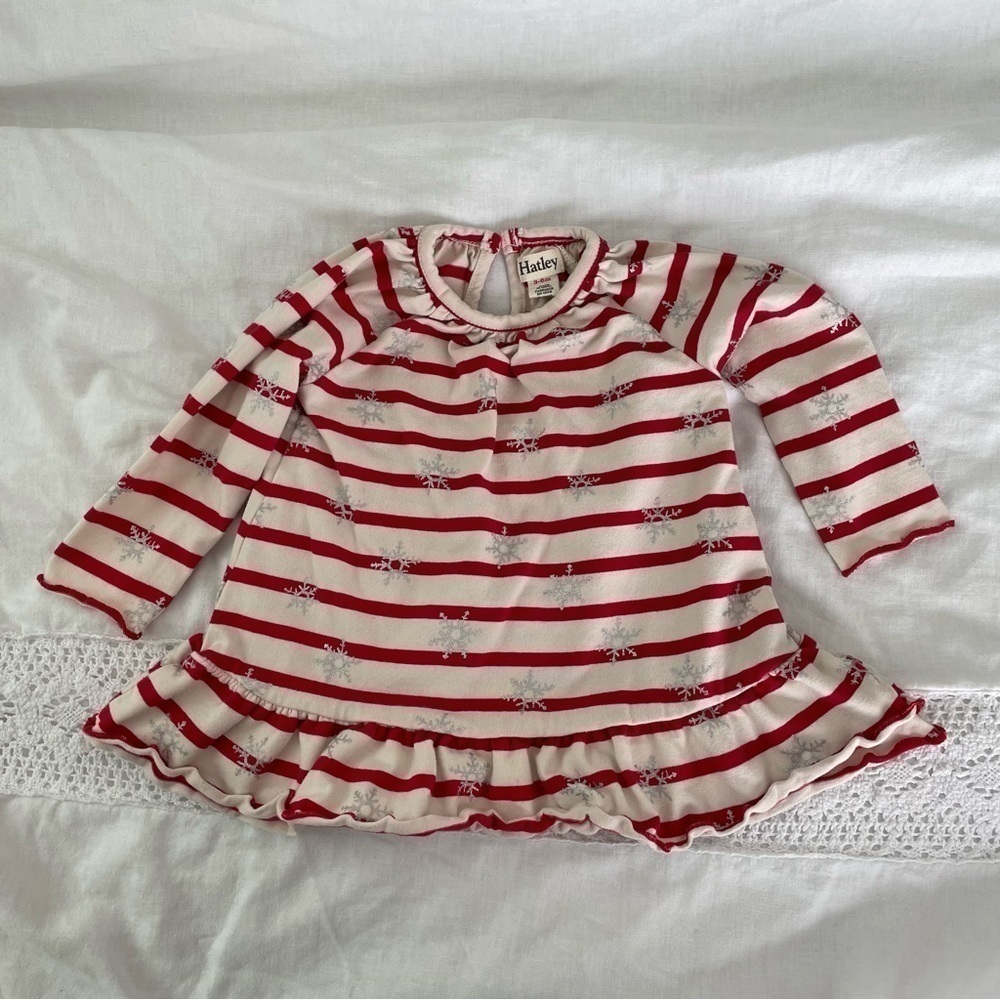 Hatley Girls 3-6mo Long Sleeve Knit Dress stripes snowflake red white ruffles